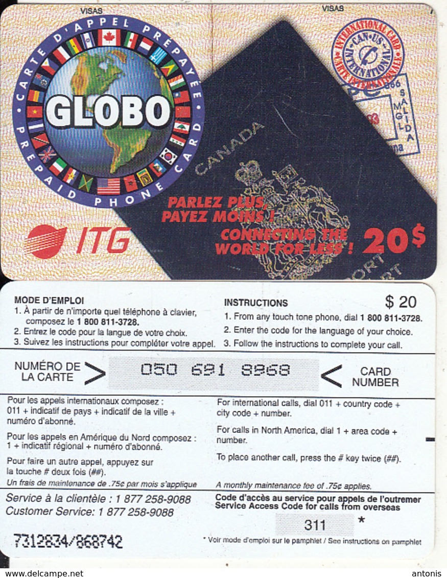 CANADA - Passport, Globo By ITG Prepaid Card $20, CN : 7 Digits/6 Digits, Used - Canada