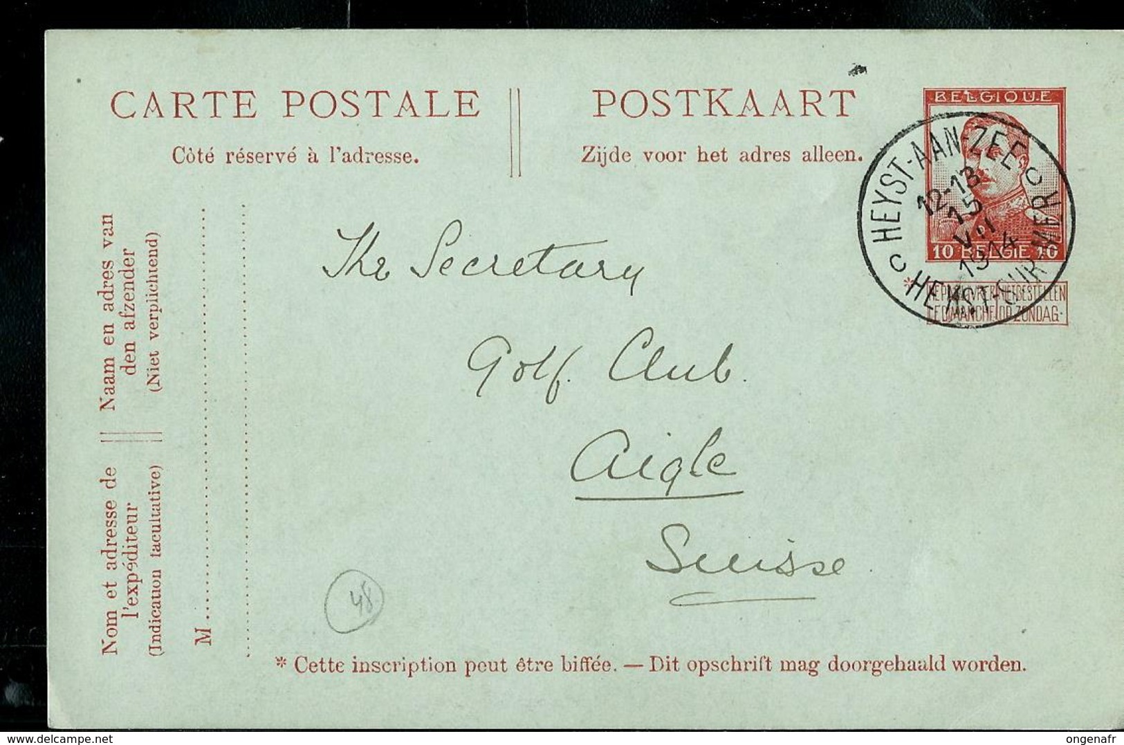 Carte N° 48. Obl. HEYST-AAN-ZEE  C  HEYST-SUR-MER  Du 15/07/1914 - Postcards 1909-1934