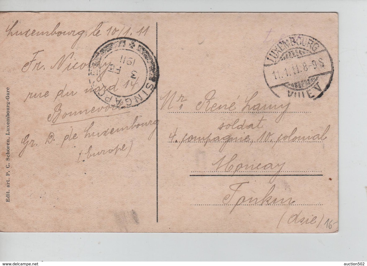 PR7605/ TP 5c S/CP Luxembourg Grund&Ville Haute C.Luxembourg 1911 > Tonkin (Asie) Via Singapore Bonne Destination - Franking Machines (EMA)