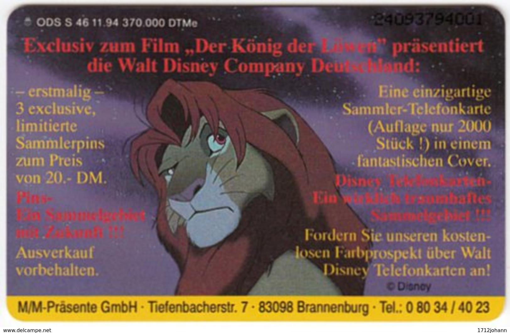 GERMANY S-Serie B-292 - Walt Disney, The Lion King (2409) - Used - S-Series: Schalterserie Mit Fremdfirmenreklame