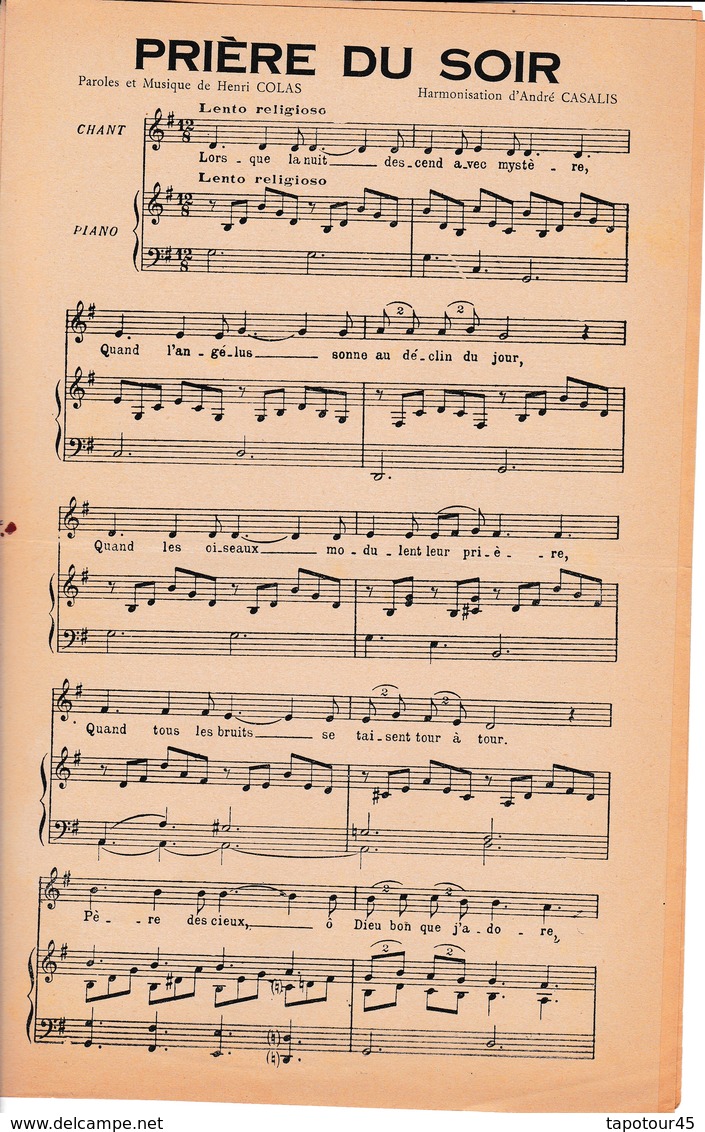 Prière Du Soir   / Partition  Musicale Ancienne Et Poésie  >10/ 11 C)  "Henry Colas" - Gezang