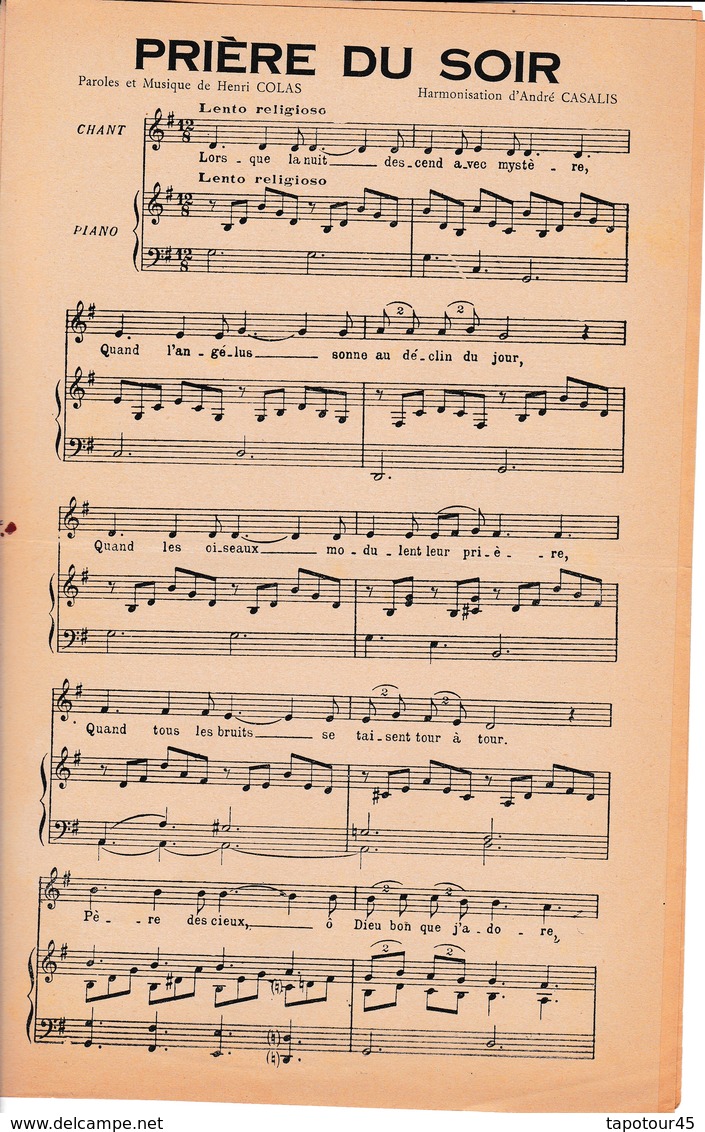 Prière Du Soir   / Partition  Musicale Ancienne Et Poésie  >10/ 11 C)  "Henry Colas" - Corales