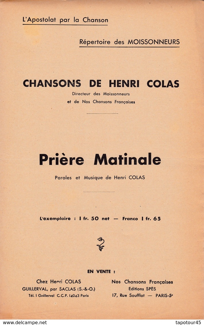 Prière Matinale  / Partition  Musicale Ancienne Et Poésie  >11 C)  "Henry Colas" - Canto (corale)