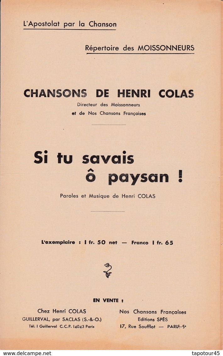 Si Tu Savais ô Paysan ! / Partition  Musicale Ancienne Et Poésie >11 C)  "Henry Colas" - Chant Chorale