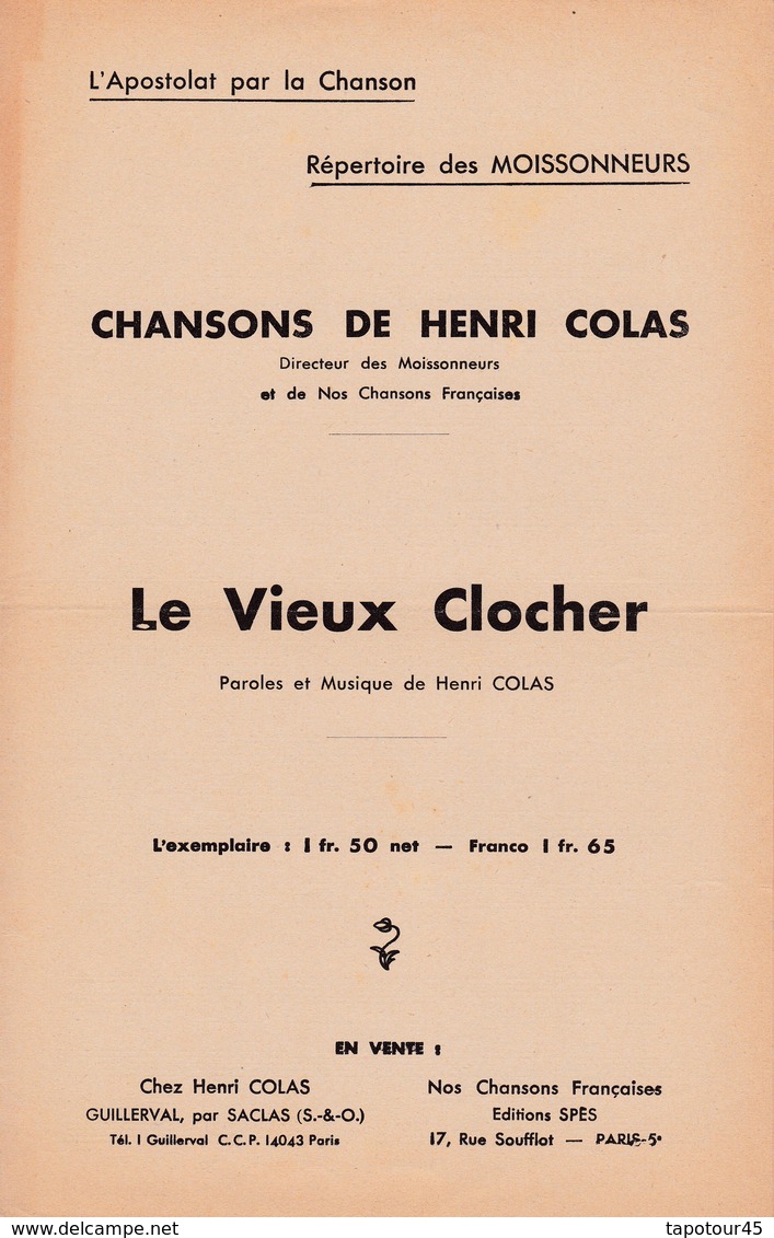 Le Vieux Clocher  / Partition  Musicale Ancienne Et Poésie  >10/11 C)  "Henry Colas" - Canto (corale)