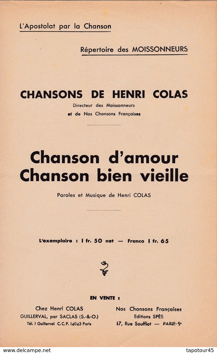 Chanson D'Amour    /10/11 C)  "Henry Colas"  Partition  Musicale Ancienne Et Poésie - Choral