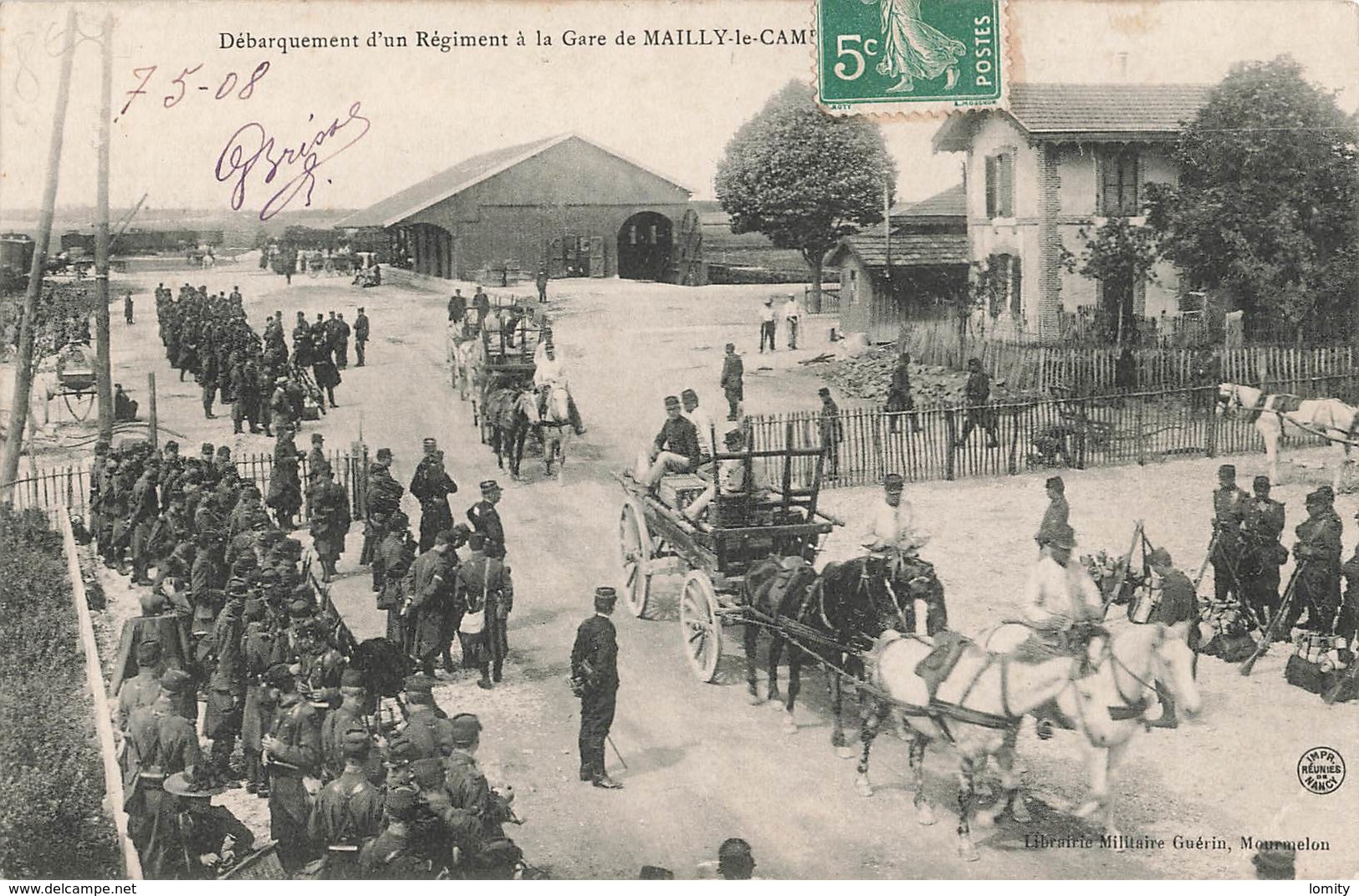 10 Mailly Le Camp Débarquement D' Un Régiment à La Gare Cpa Carte Animée Attelage Soldat Militaire Cachet Mailly 1908 - Mailly-le-Camp