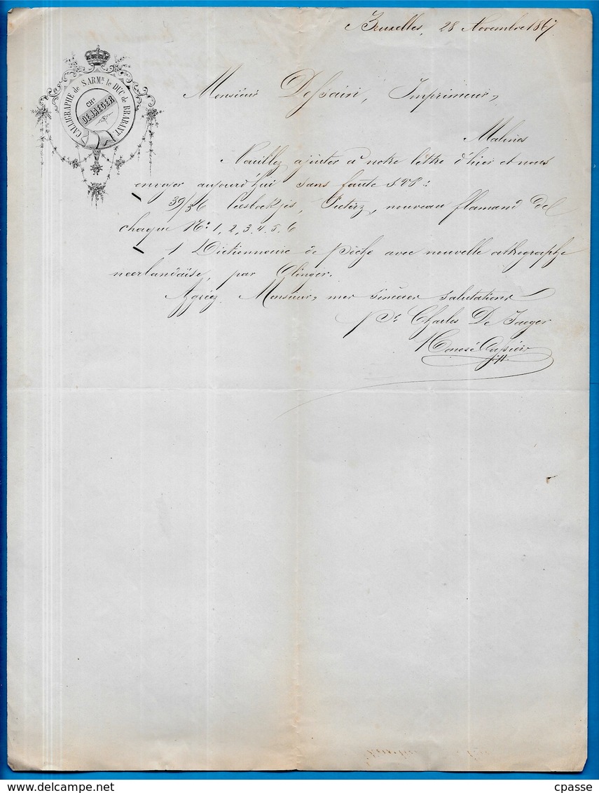 Courrier Commercial 1867 CHARLES De JAEGER Calligraphe De S ARMr Le DUC De BRABANT à Bruxelles - 1800 – 1899