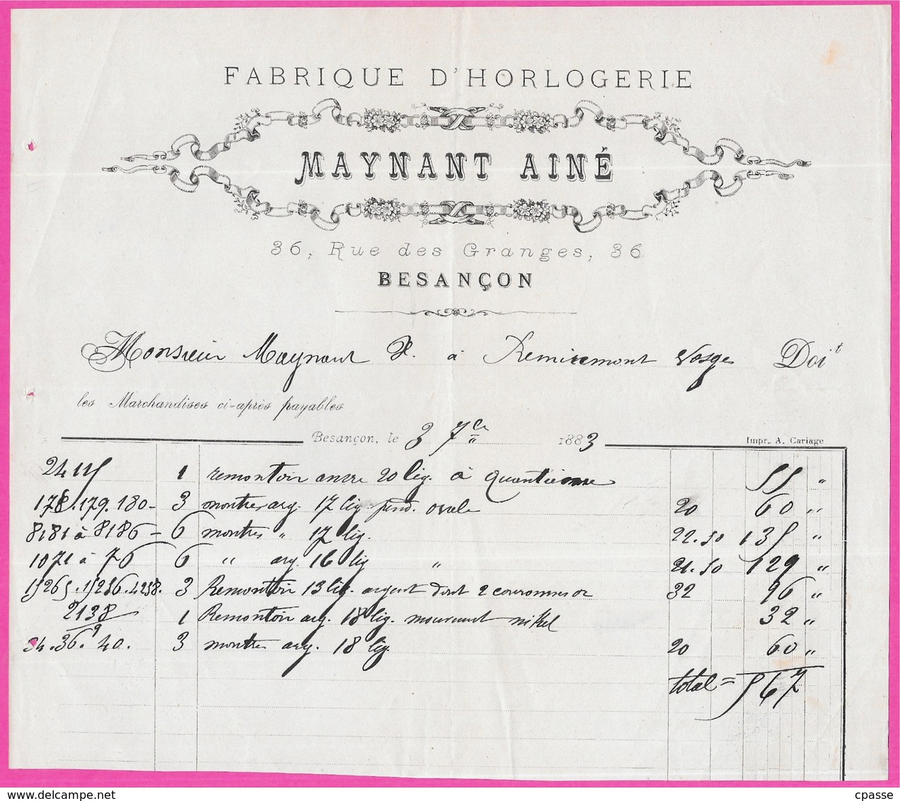 Facture MAYNANT AINE Fabrique D'Horlogerie Rue Des Granges 25 Besançon Doubs - 1800 – 1899