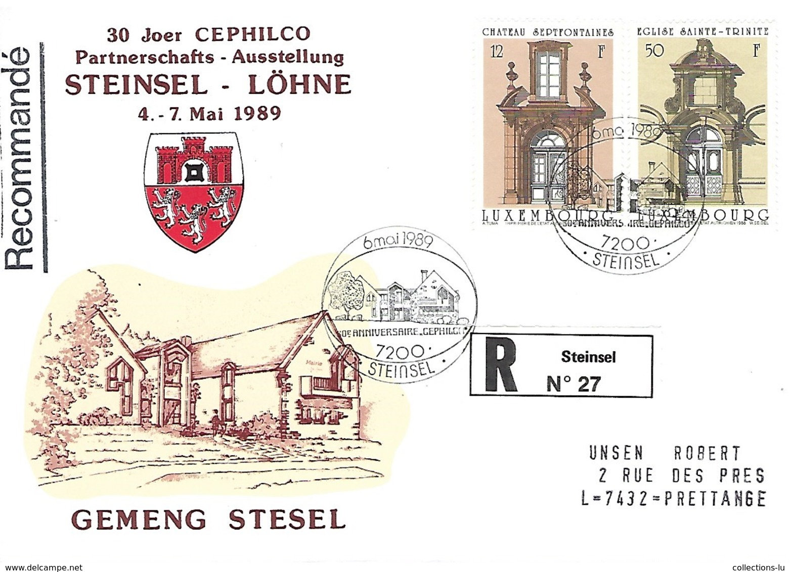 Luxembourg  -  FDC    9.5.1989   Lettre Recommandé  STEINSEL - LÖHNE  Gemeng Steinsel - FDC