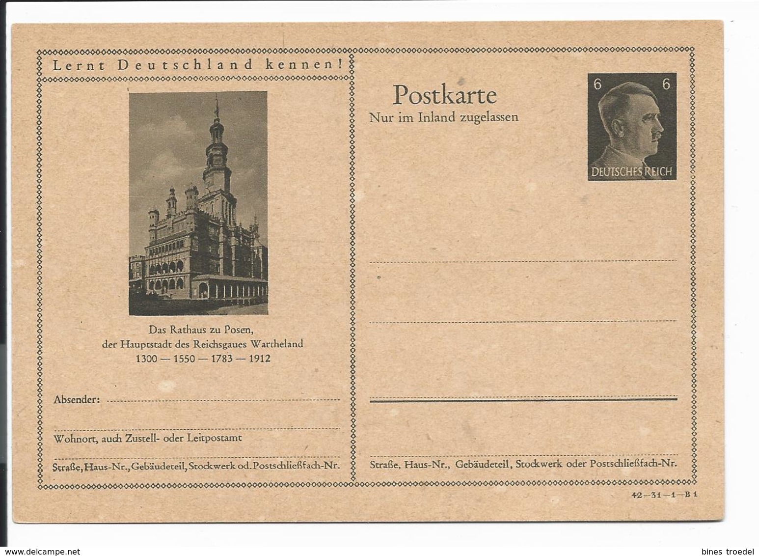 DR P 307 42-31-B01 ** - 6 Pf Hitler Bildpostkarte : Posen Rathaus - Sonstige & Ohne Zuordnung