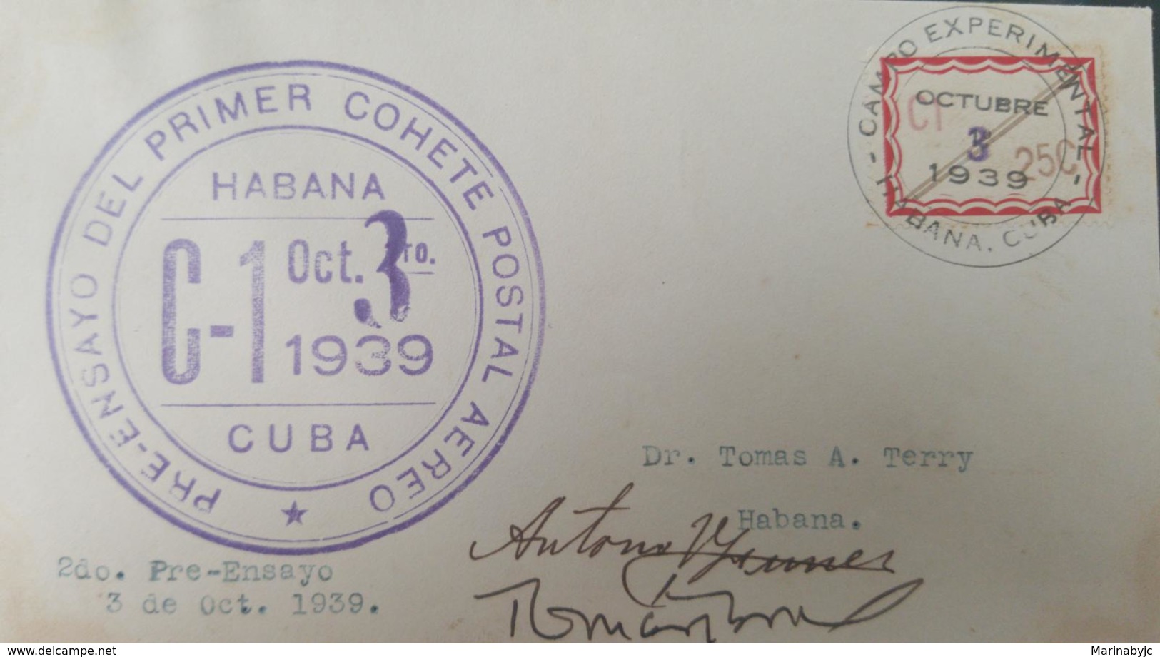 U) 1939, CARIBBEAN, PRE - TEST OF THE FIRST AIR POSTCARD,SIGNED BY  ANTONIO FUNES AND TOMAS TERRY, POST CARD - Other & Unclassified