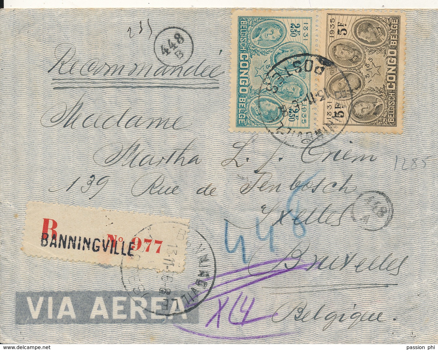 BELGIAN CONGO AIR REGISTERED COVER FROM BANNINGVILLE 1936 TO BRUSSELS - Lettres & Documents