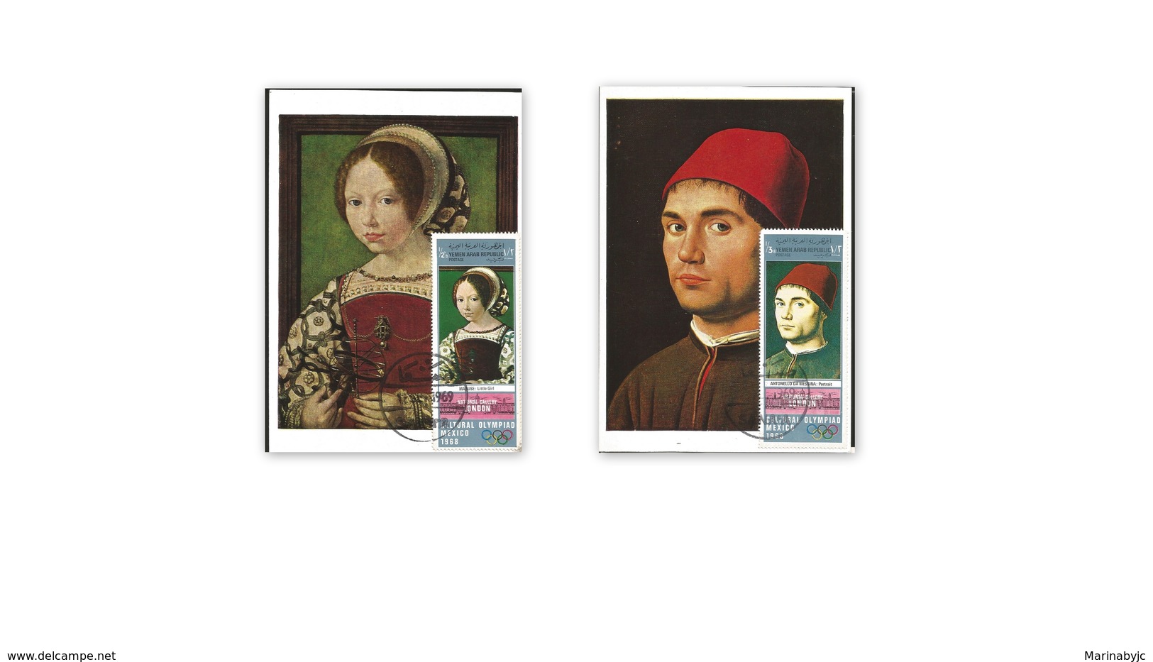 U) 1969, ARABIA , A YOUNG PRINCESS (DOROTHEA OF DENAMARK) ,  PORTRAIT OF MAN, JAN GOSSAERT, SET X 2, POSTCARD - Jemen