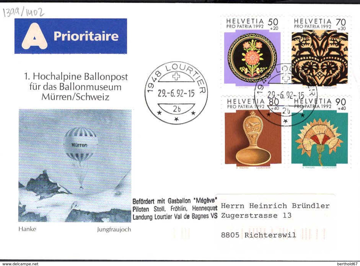 Suisse Poste Obl Yv:1399/1402 Lourtier Hochalpine Ballonpost (TB Cachet à Date) - Lettres & Documents