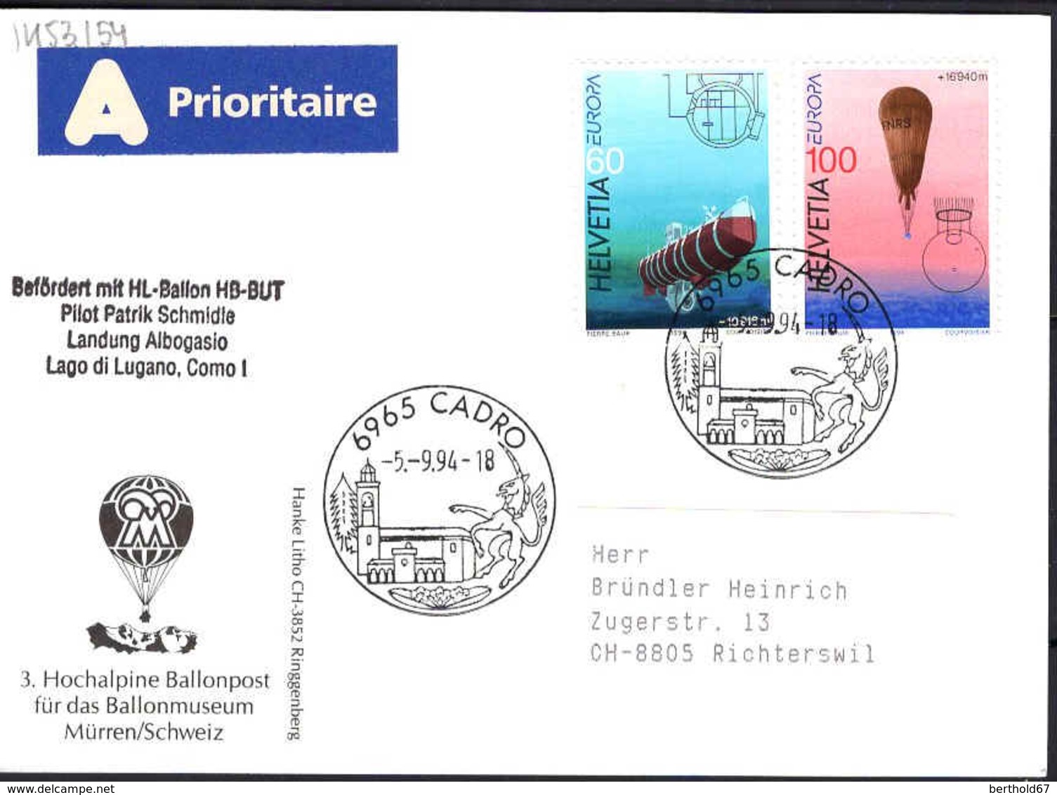 Suisse Poste Obl Yv:1453/1454 Yv:1,8 Euro 3.Hochalpin Ballonpost (TB Cachet à Date) 5-9-94 - Lettres & Documents