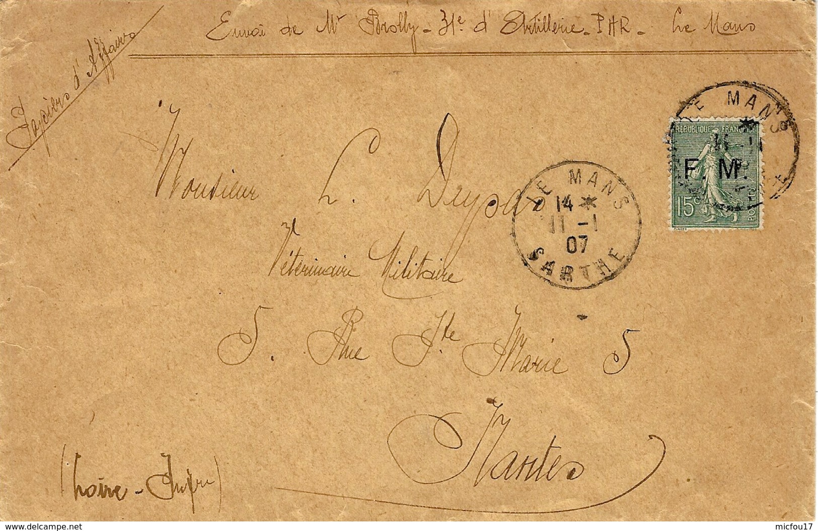 1907- Enveloppe Affr. F M N°3 Oblit. LE MANS  ( 31è D'Artillerie  ) - 1877-1920: Semi Modern Period