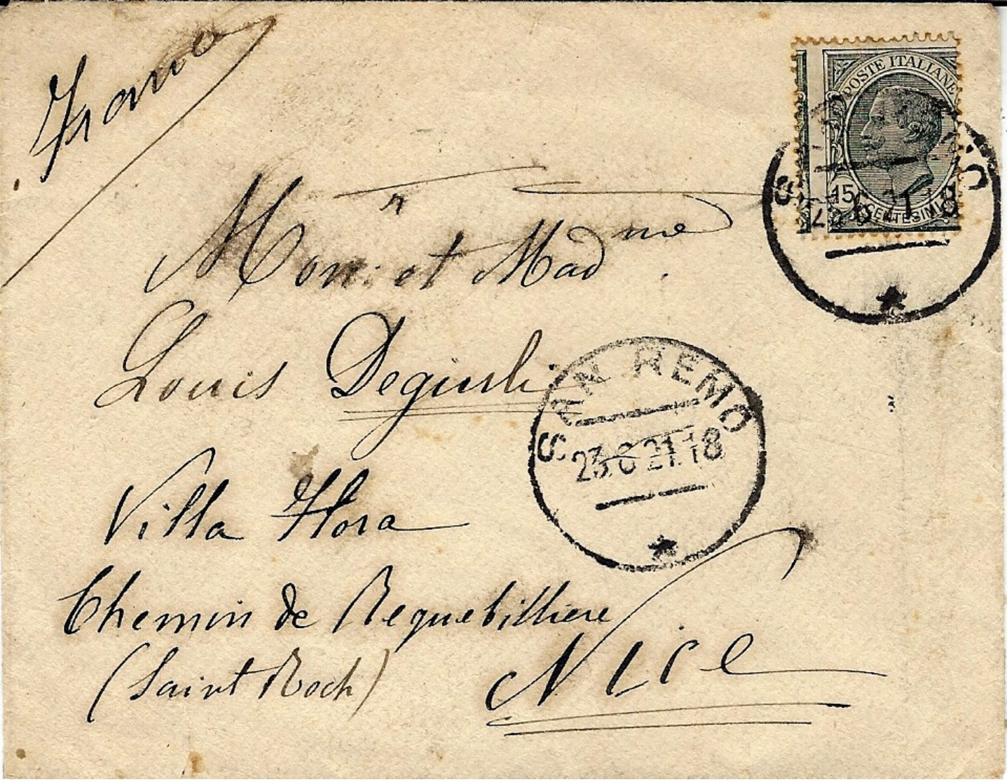 1921- Envelopp Afffr. Unificato N°116 De SAN REMO Per Nice - Perforation Très Décalée - Storia Postale