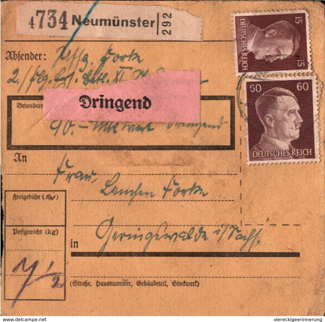 ! 1943 Paketkarte Deutsches Reich, Neumünster, Geringswalde, Bogenrand - Storia Postale