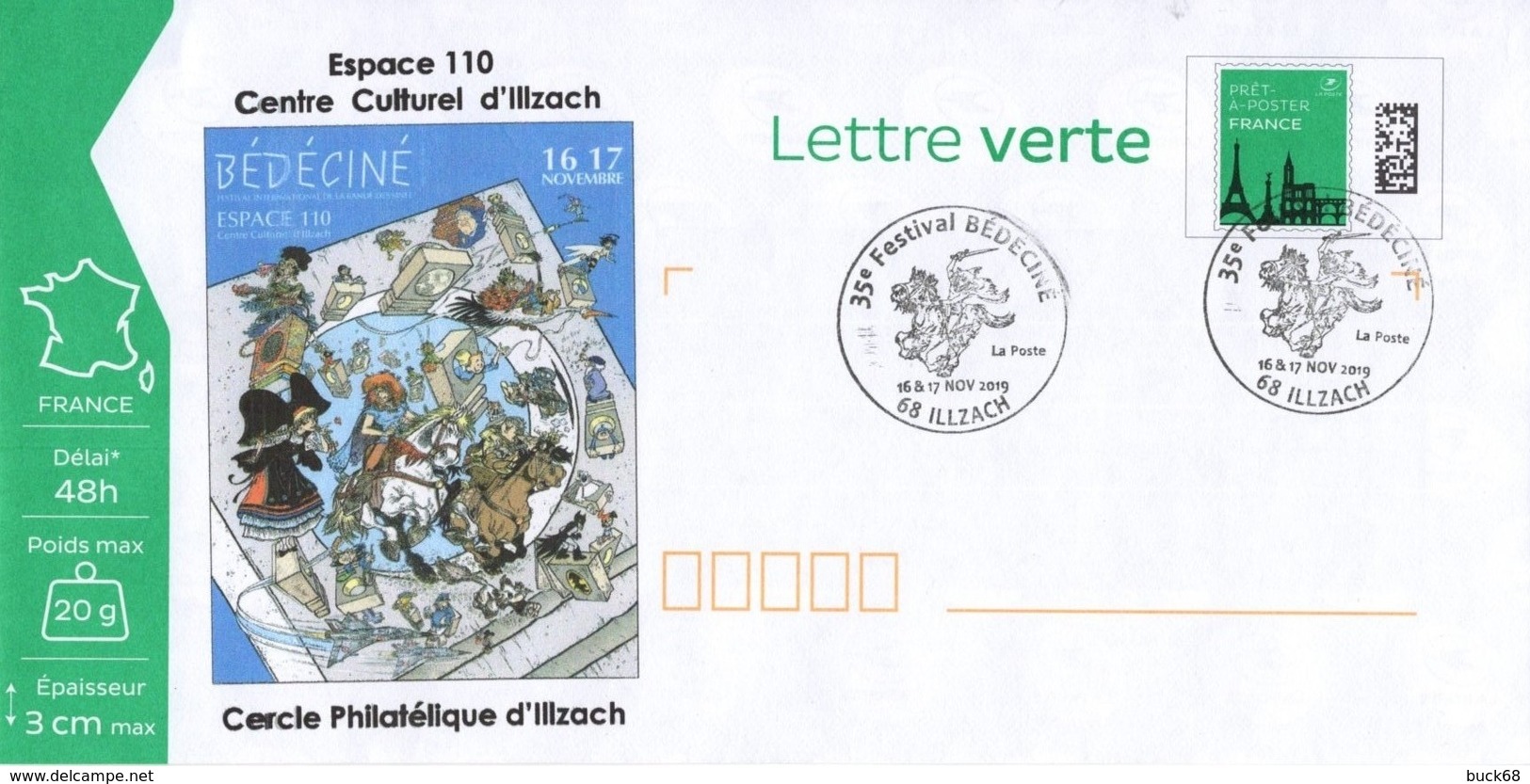 BEDECINE 2019 ILLZACH Ph. LUGUY : PAP Entier Cachet FDC Affiche Label Alsacienne Astérix Tintin Percevan Hendrix - Comics