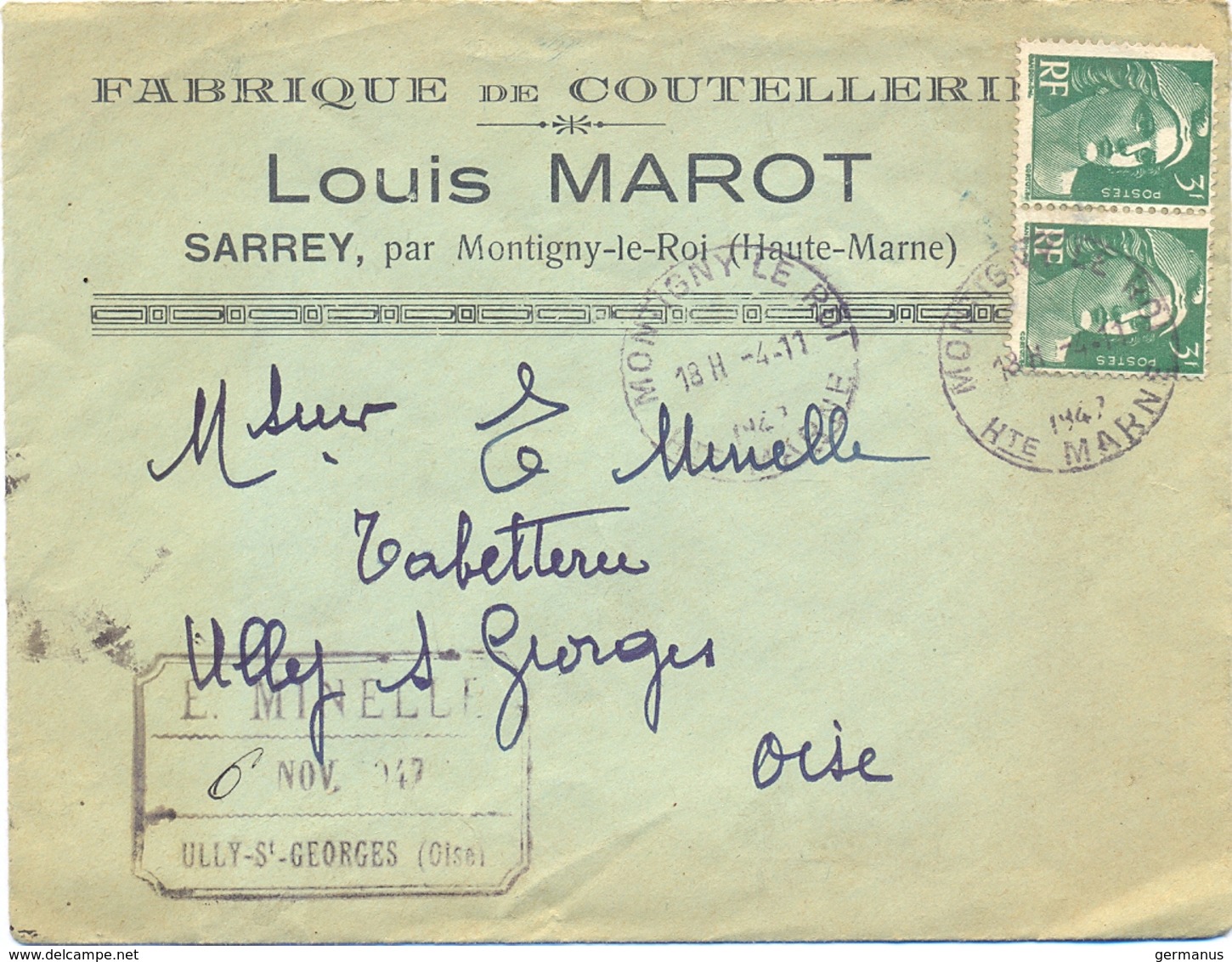 FABRIQUE DE COUTELLERIE LOUIS MAROT SARREY Par MONTIGNY-LE-ROI HAUTE MARNE TàD HOROPLAN Du 4-11-1947 - Manual Postmarks