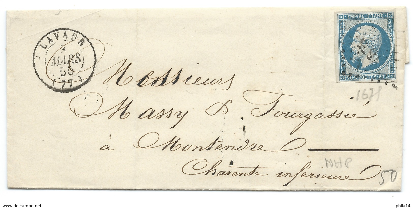 N°14 BLEU NAPOLEON SUR LETTRE / LAVAUR POUR MONTENDRE 3 MARS 1855 - 1849-1876: Klassik