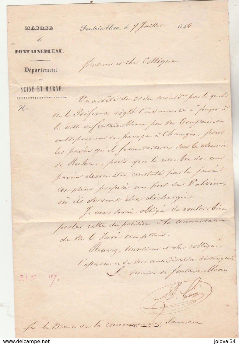 LAC Entête + Cachet Rouge Mairie De FONTAINEBLEAU Seine Et Marne 6/7/1844 Taxe Manuscrite Locale 1 à Maire De Montereau - 1801-1848: Précurseurs XIX