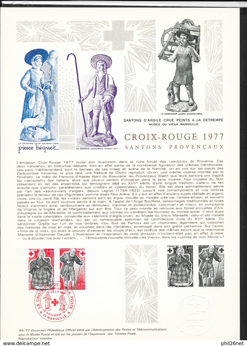 Document Off. La Poste FDC  N°1959 Et 1960  Et  Gravures  Marseille Le 26/11/1977 Santons De Provence Croix Rouge TB - Christmas