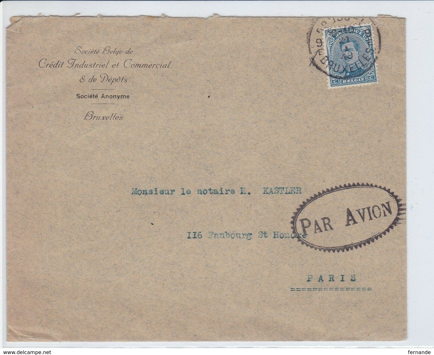 RR: Env Service Postal Aérien PARIS – BRUXELLES Janvier 1919 - Griffe Festonnée PAR AVION - 1915-1920 Alberto I
