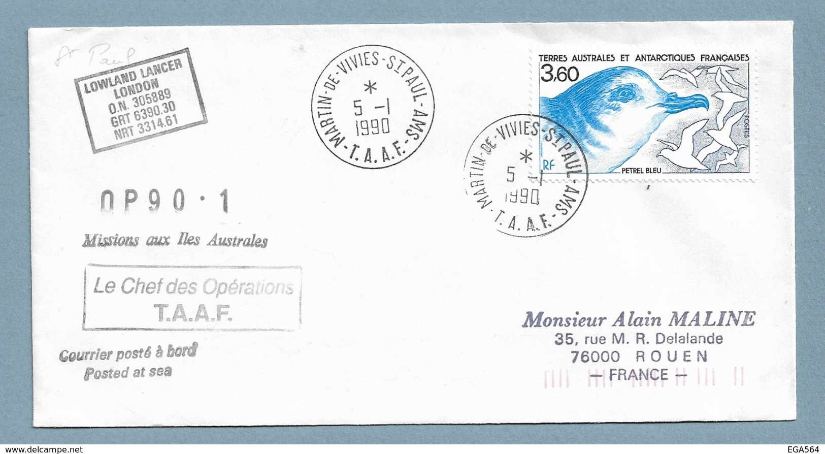 19 - TAAF- PO142 Du 5.1.1990 St PAUL -Cachets Du LOWLAND LANCER Et OP90.1 - Lettres & Documents