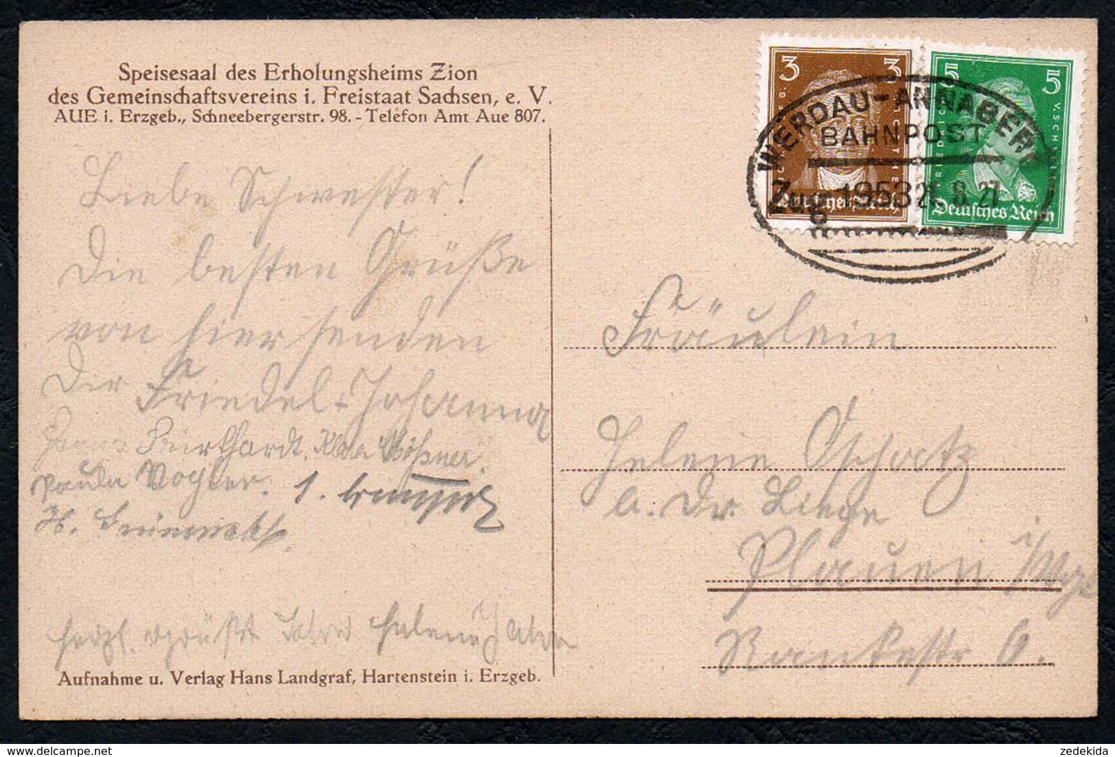 2943 - Aue - Erholungsheim Zion Gemeinschaftsverein Freistaat Sachsen Speiseraum - Hans Landgraf Bahnpost - Aue