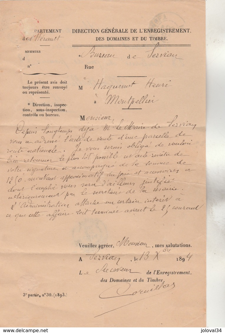 LAC SERVIAN Hérault 13/12/1894 Cachet Imprimés Paris à Montpellier - 1877-1920: Semi Modern Period