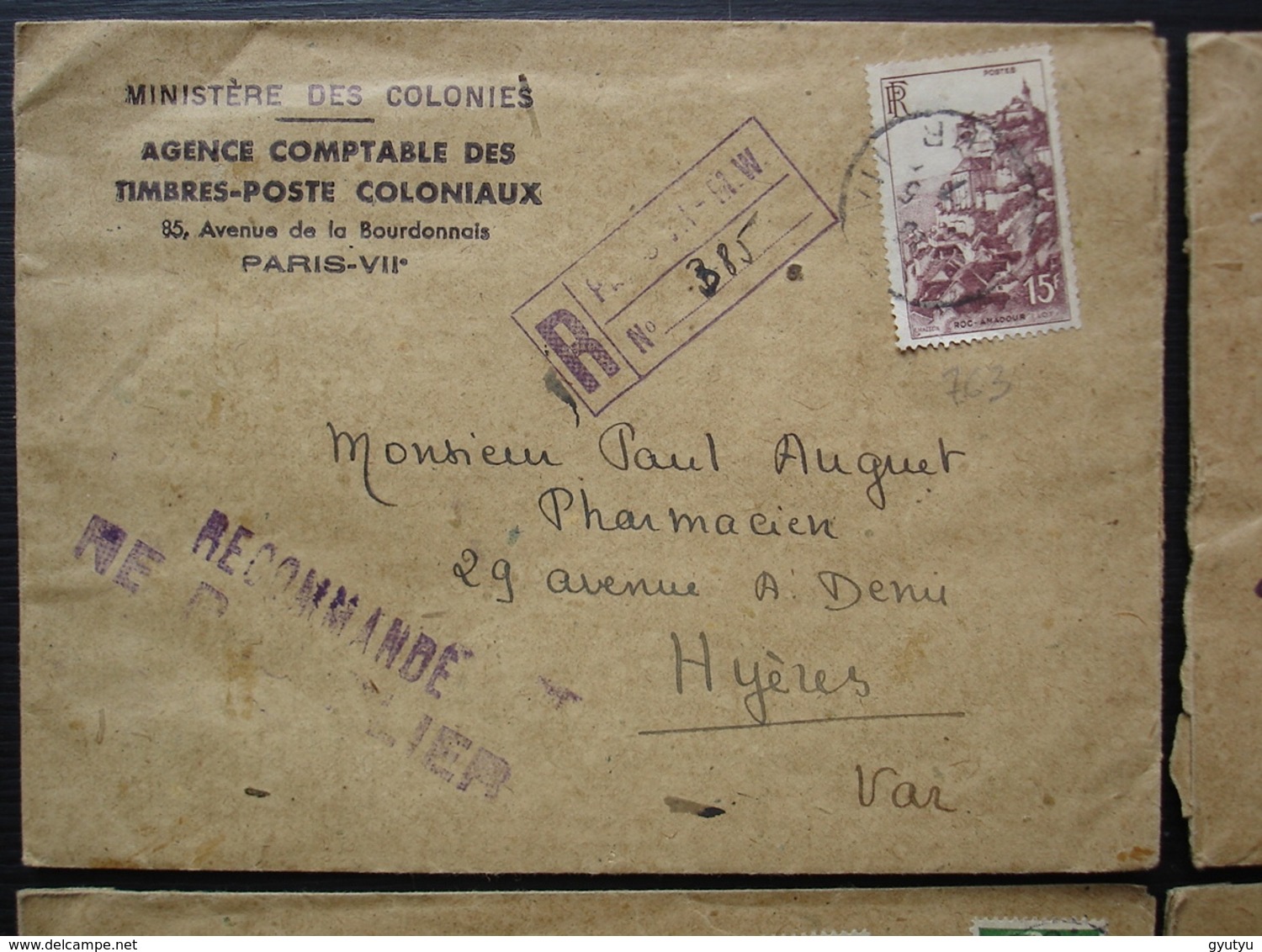 Ministère des colonies agence comptable des timbres postes coloniaux, lot de 5 recommandés années 1946 et 47