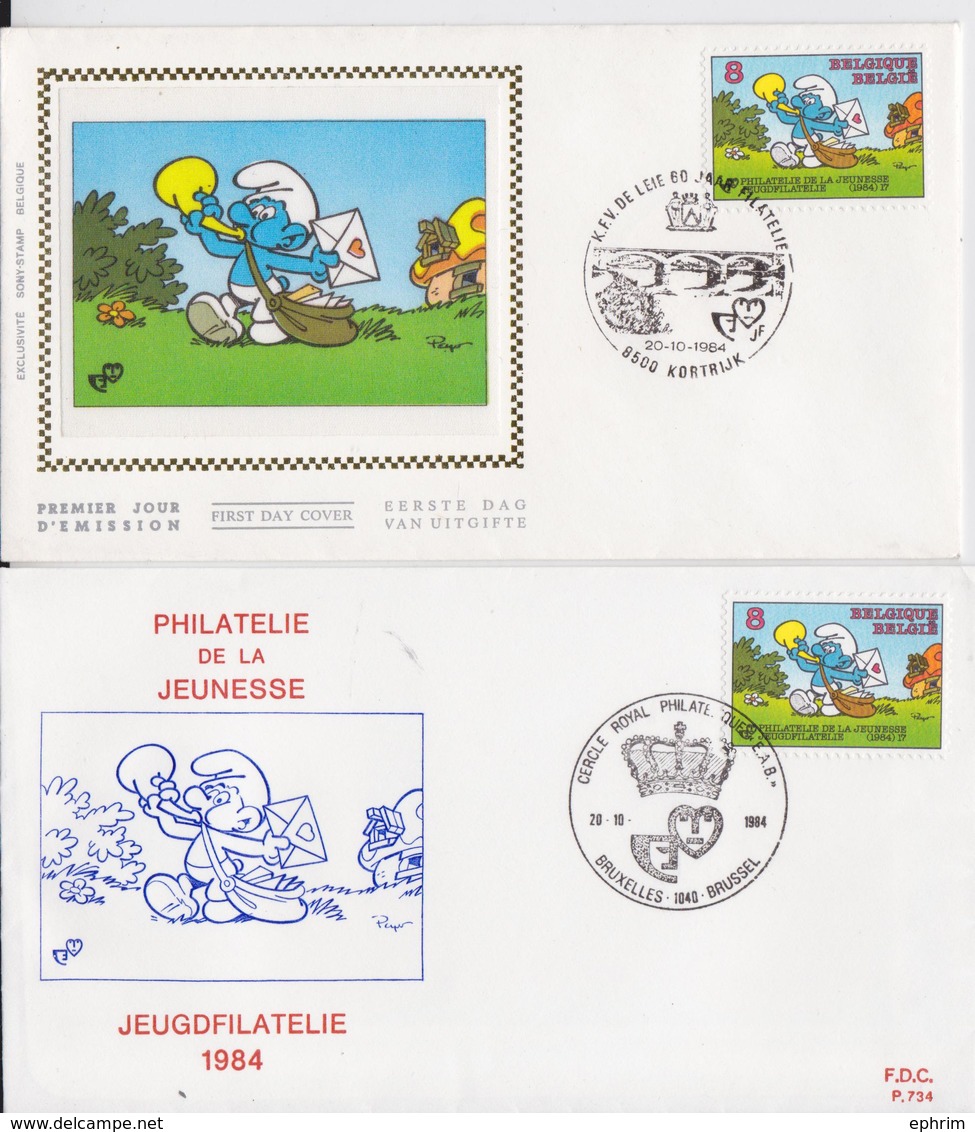 Les Schtroumpfs Smurfy Lot E 2 Enveloppes Belgique Philatélie Jeunesse Jeugdfilatelie Bruxelles Kortrijk 1984 - Bandes Dessinées