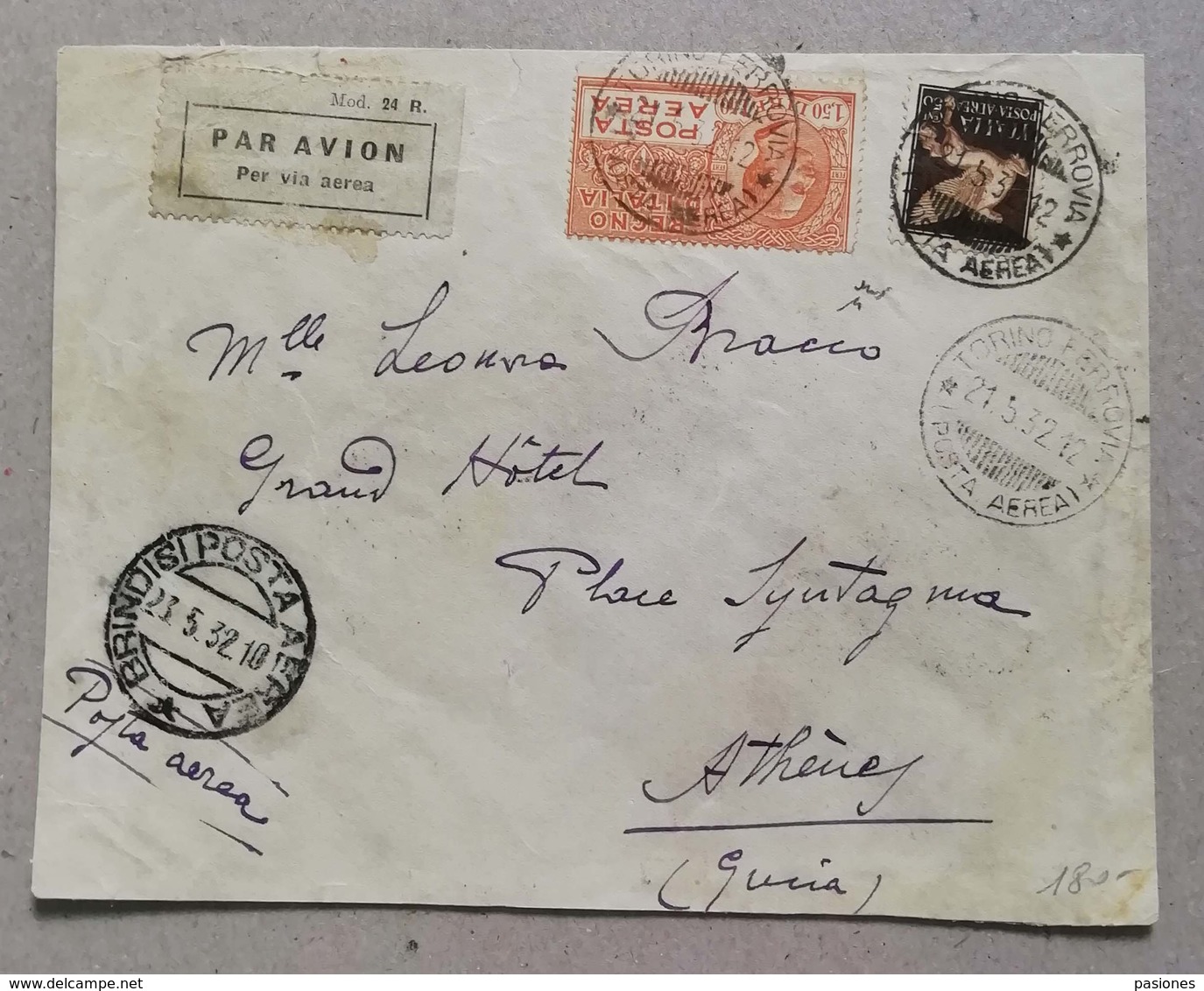 Busta Di Lettera Torino-Atene Via Brindisi Per Via Aerea - 21/05/1932 - Storia Postale (Posta Aerea)