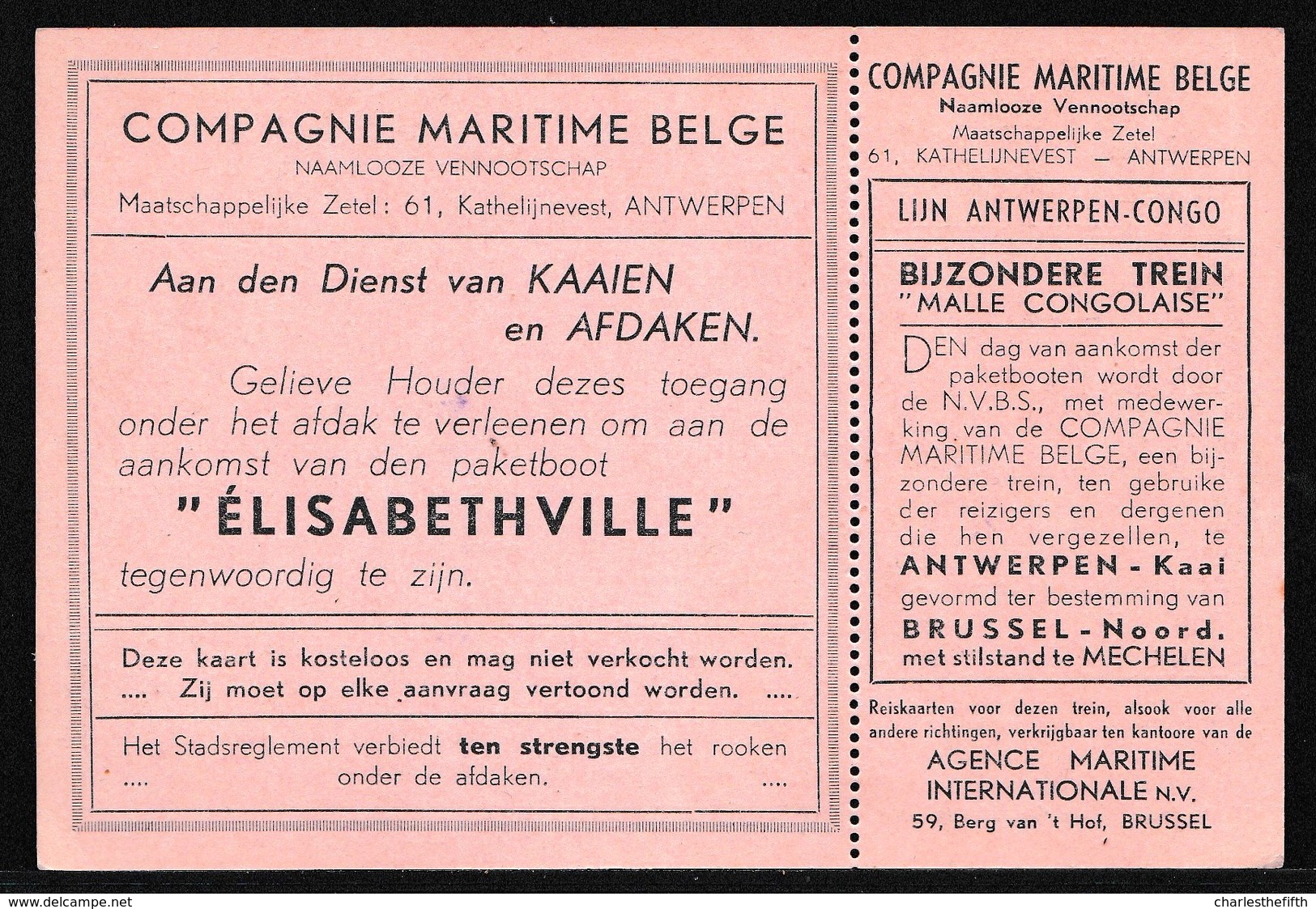 RARE !! CARTE D'ENTREE POUR ASSISTER AU DEPART DU PAQUEBOT ELISABETHVILLE LIGNE ANVERS CONGO - COMPAGNIE MARITIME BELGE - Documents Historiques