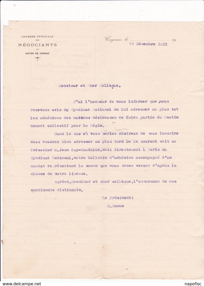 16-Chambre Syndicale Des Négociants Du Rayon Cognac...Cognac...(Charente)..1911 - Autres & Non Classés