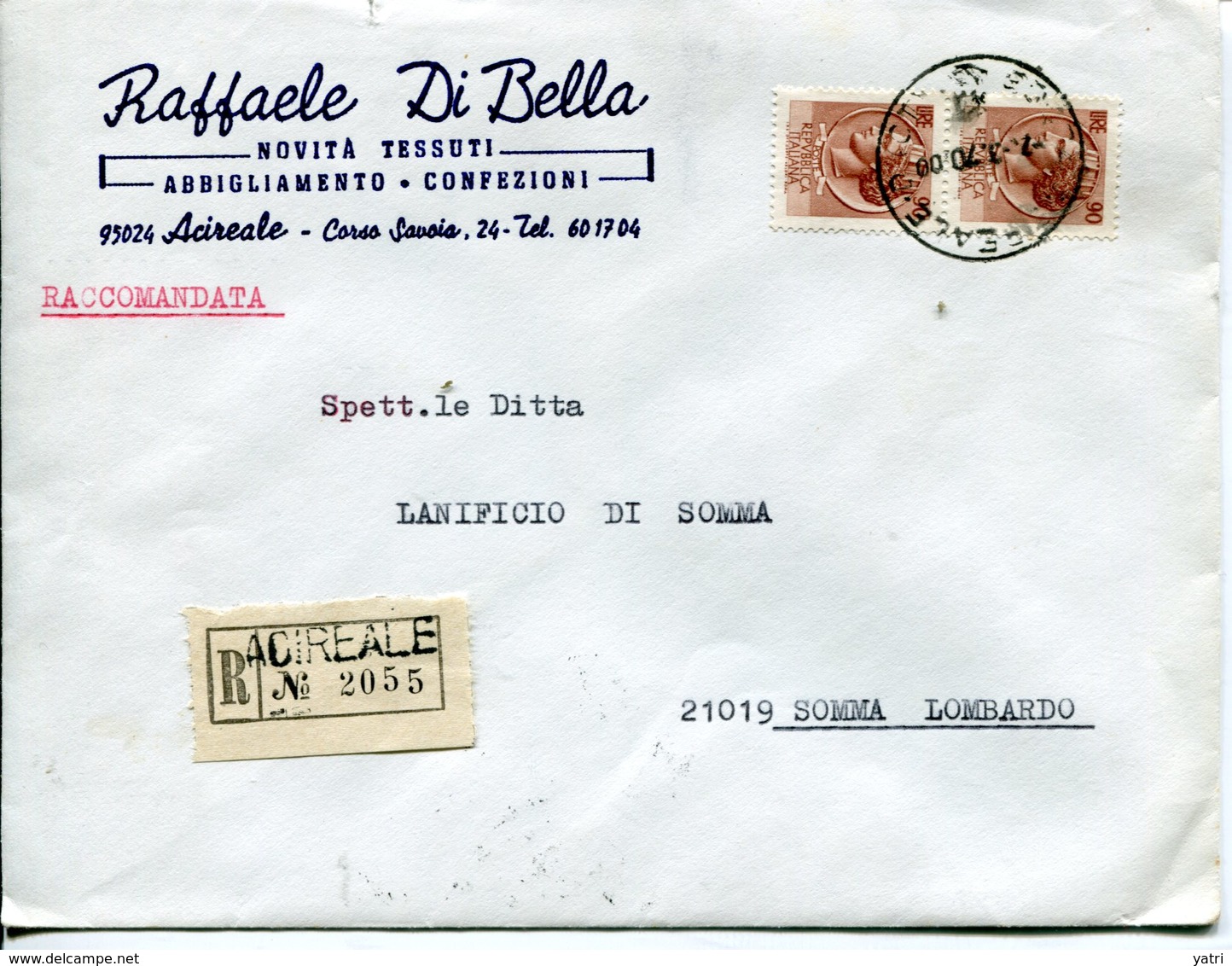 Italia (1970) - 90 Lire Siracusana In Coppia Su Raccomandata Da Acireale - 1961-70: Storia Postale