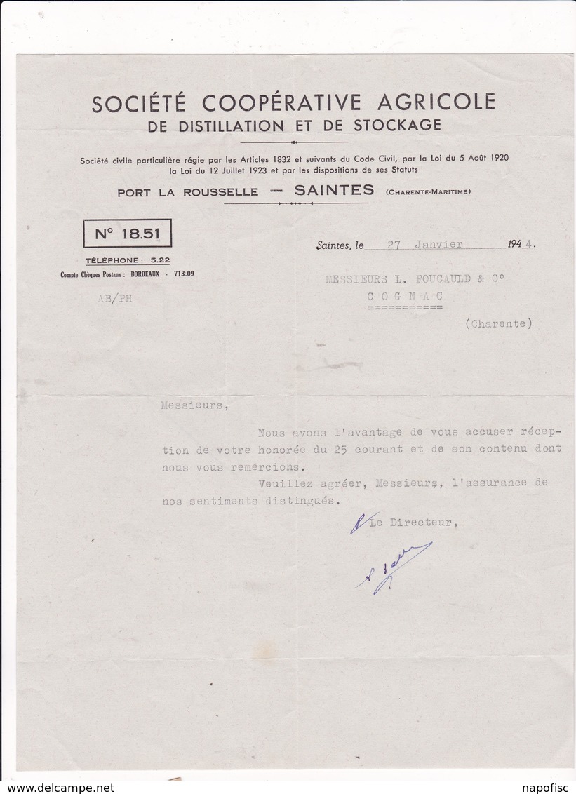 17-Société Coopérative Agricole De Distillation & De Stockage...Saintes  (Charente-Maritime)...1944 - Altri & Non Classificati