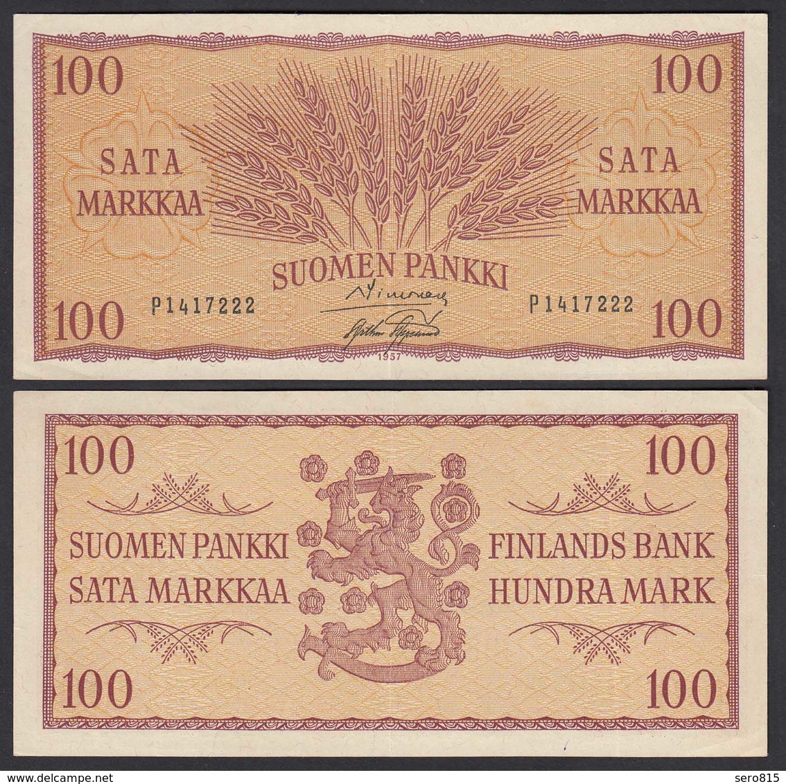 FINNLAND - FINLAND 100 MARKKA 1957 PICK 97a VF+ (3+)   (24960 - Finland