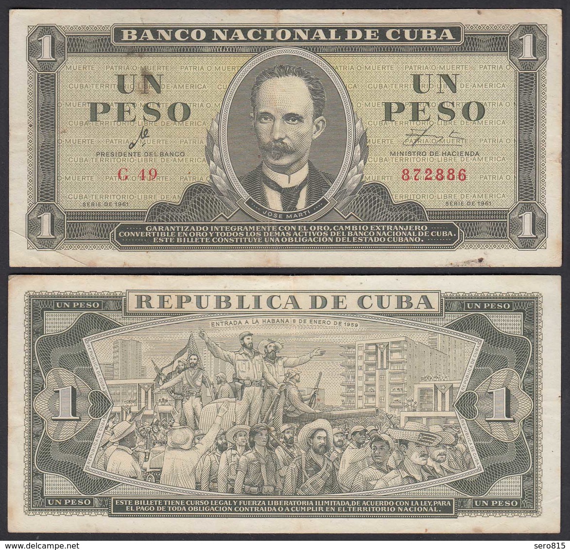 Kuba - Cuba 1 Peso Banknote 1961 Pick 94a VF- (3-)  (25757 - Otros – América