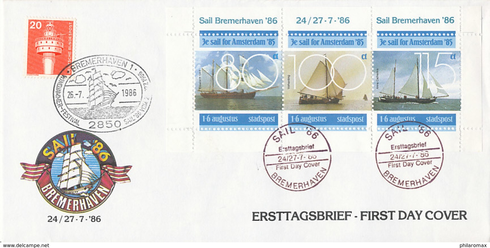 DC-2243 - 1986 NETHERLANDS FDC - STADSPOST - LOCAL MAIL - SAIL BREMERHAVEN ON TAB - BLOCK LARGE COVER - FDC