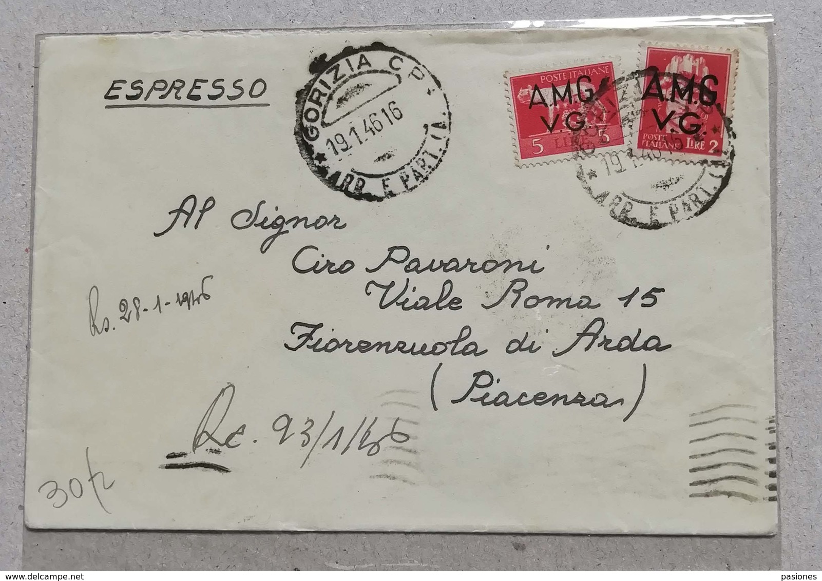 Espresso Gorizia-Fiorenzuola D'Arda - 19/01/1946 - Storia Postale