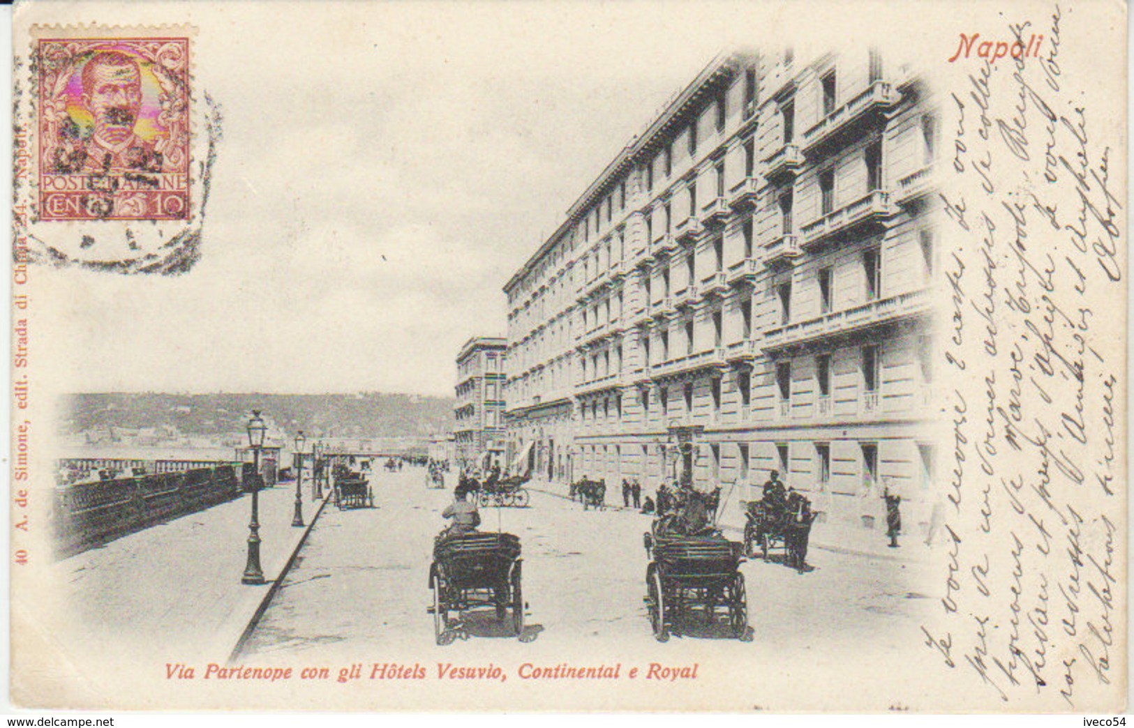 1903 Napoli   Via Partenope " Hôtels Vesuvio , Continental E Royal " (vers Camp De Servieres Tunisie ) - Napoli