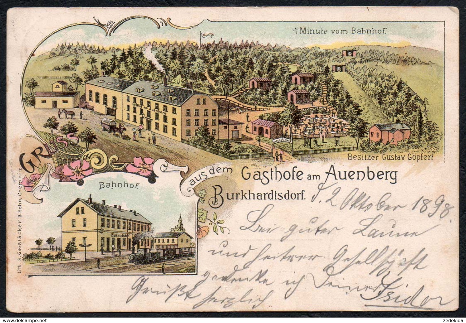 C9851 - Burkhardtsdorf Litho - Gasthof Am Auenberg Gaststätte Bahnhof - Gerstäcker & Sohn Chemnitz - Burkhardtsdorf