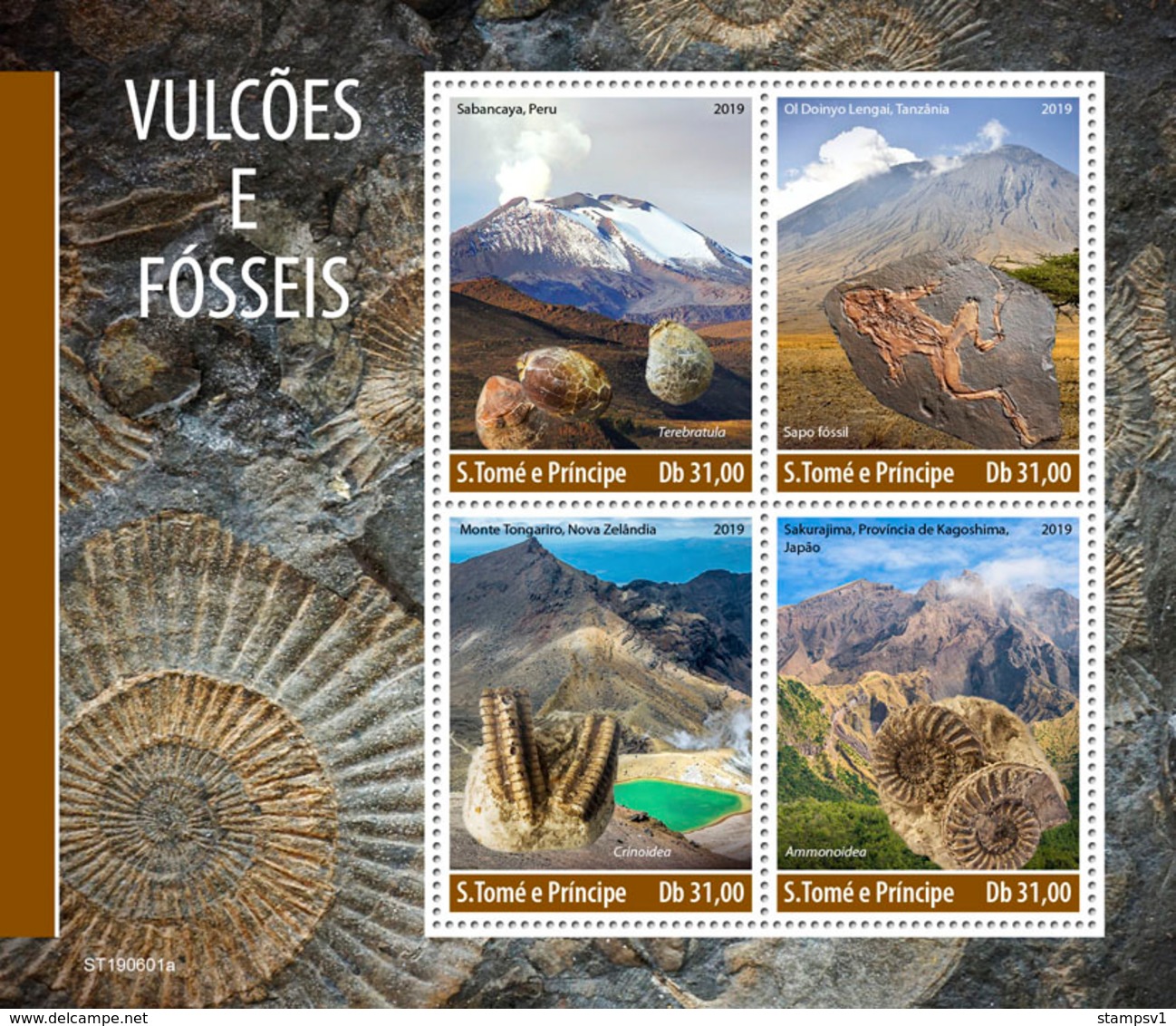 S.Tome&Principe. 2019 Volcanoes And Fossils. (0601a) OFFICIAL ISSUE - Volcanos