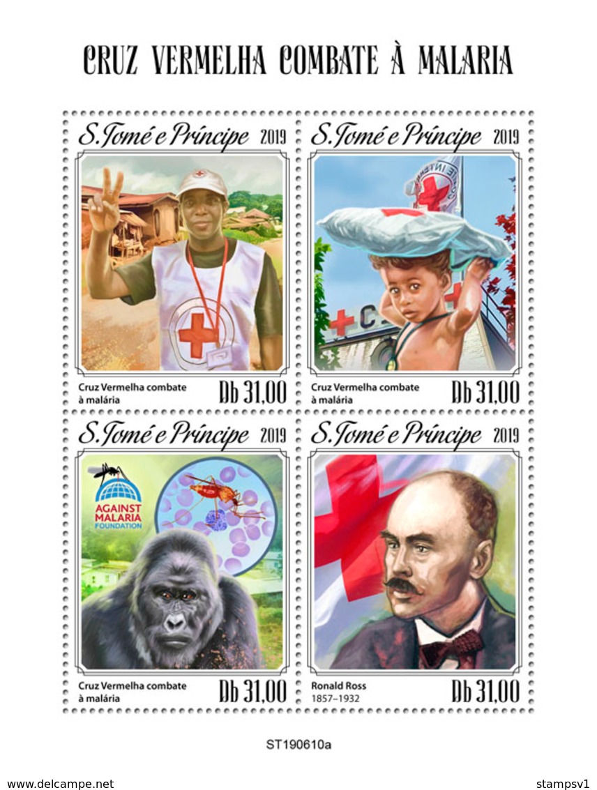 S.Tome&Principe. 2019 Red Cross Fight Against Malaria. Gorilla. (0610a) OFFICIAL ISSUE - Gorillas