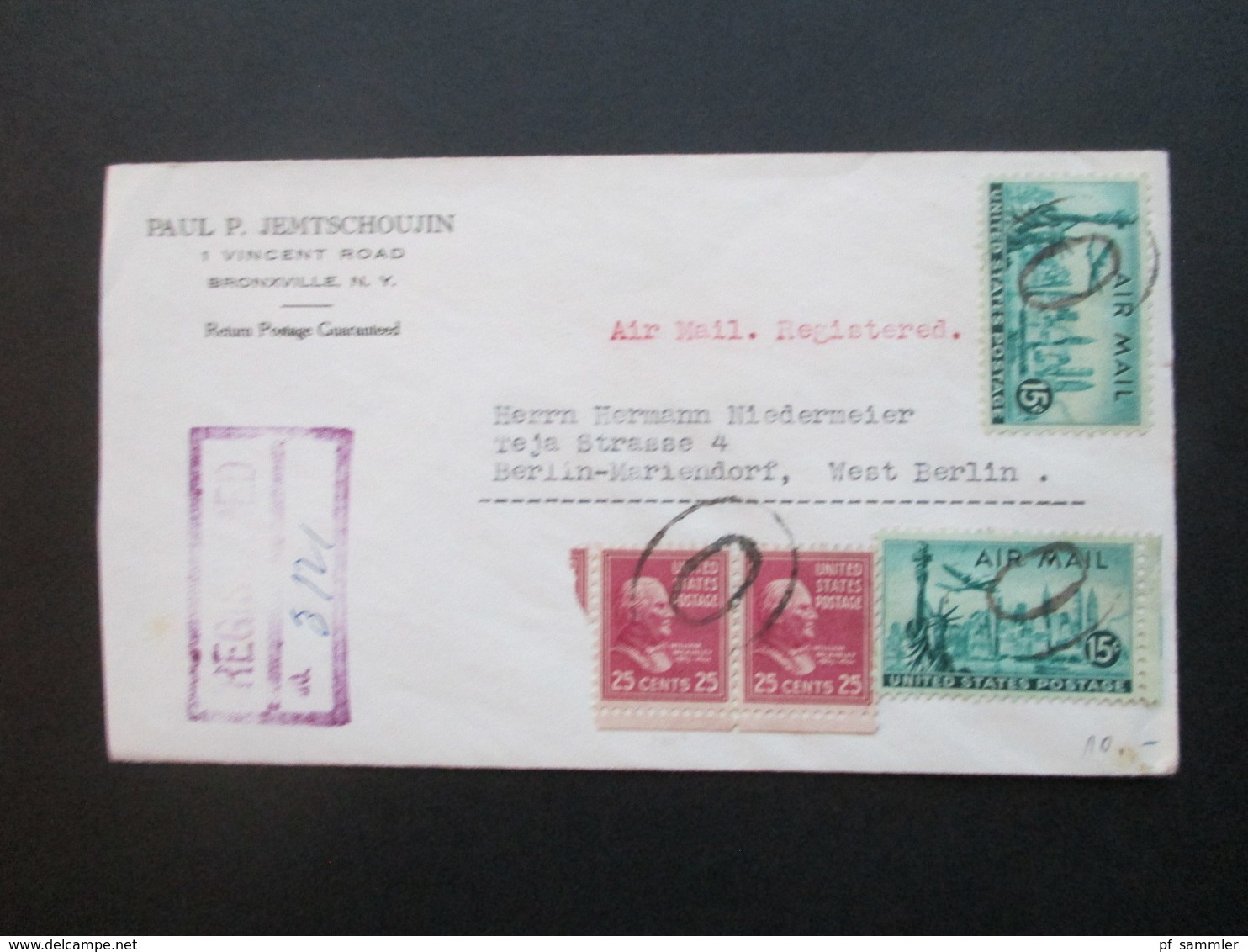 USA 1938/1959 Air Mail / Registered Paul P. Jemtschoujin Bronxville Nach Berlin Mariendorf West Berlin Nr. 436 Waag.Paar - Lettres & Documents