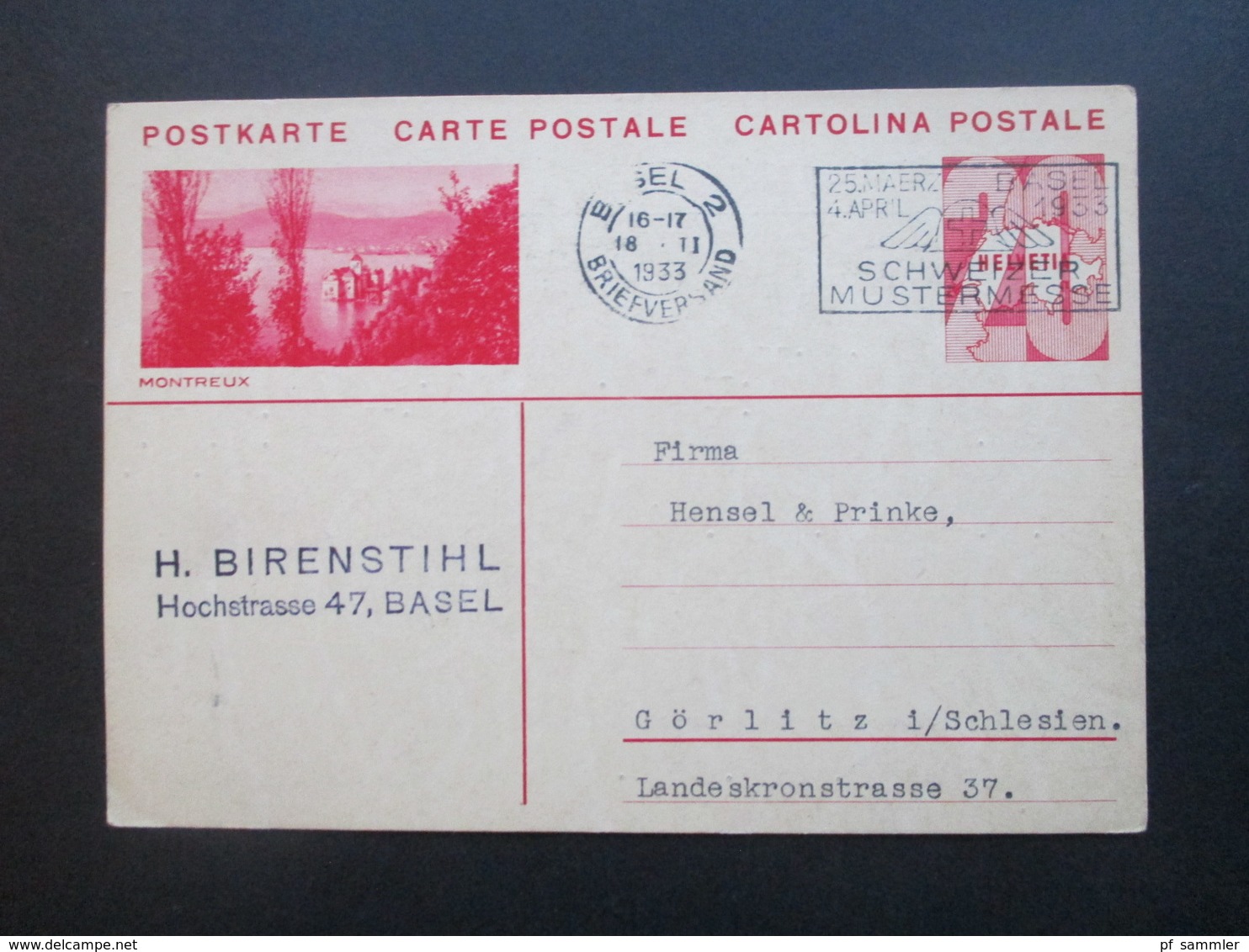 Schweiz 1933 Ganzsache Maschinenstempel Schweizer Mustermesse Nach Görlitz In Schlesien Bezüglich Himbeermuttersaft - Cartas & Documentos