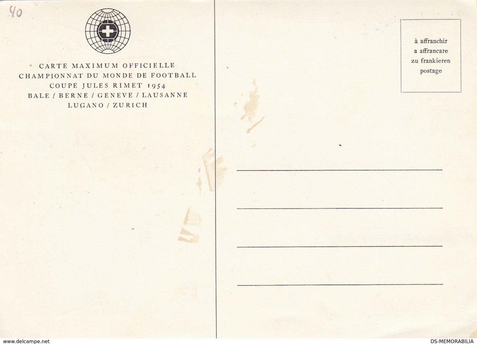 Soccer Football World Cup Championship Switzerland 1954 Maximum Card MC W Signature - 1954 – Zwitserland